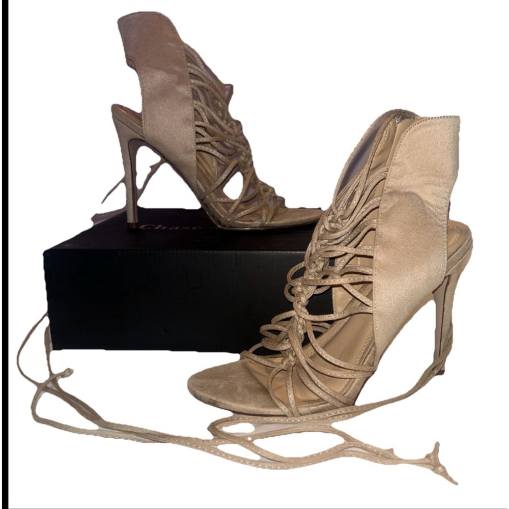 Women's Chase + Chloe Nude Suede Lace Heel Sandals Size 10